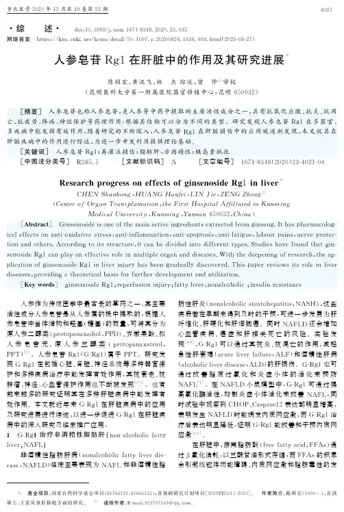 人参皂苷Rg1在肝脏中的作用及其研究进展