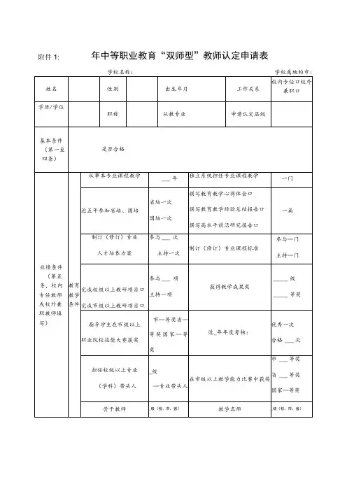 年中等职业教育“双师型”教师认定申请表