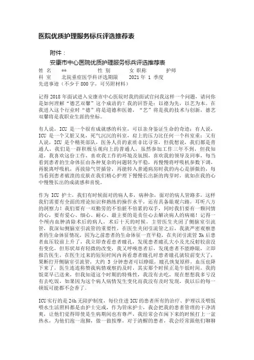医院优质护理服务标兵评选推荐表