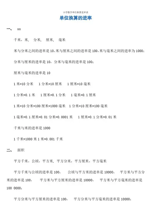 小学数学单位换算进率表