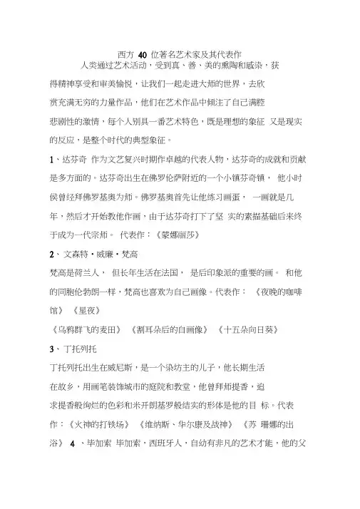 西方40位著名艺术家及其代表作