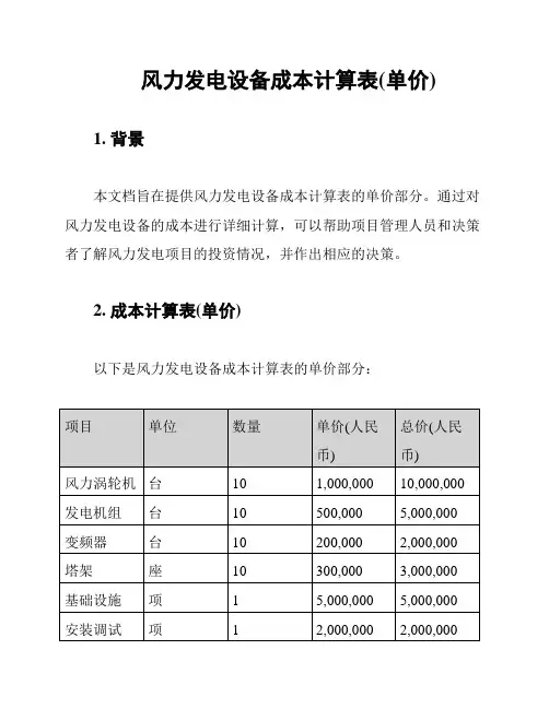 风力发电设备成本计算表(单价)