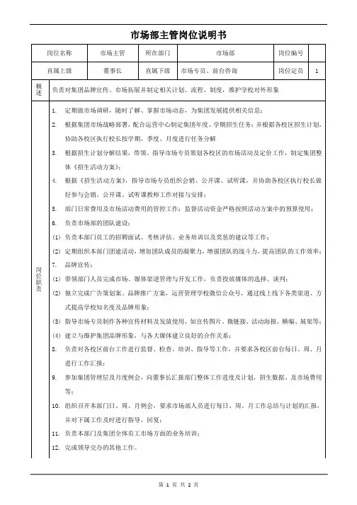 K12培训行业-市场部主管岗位职责说明书