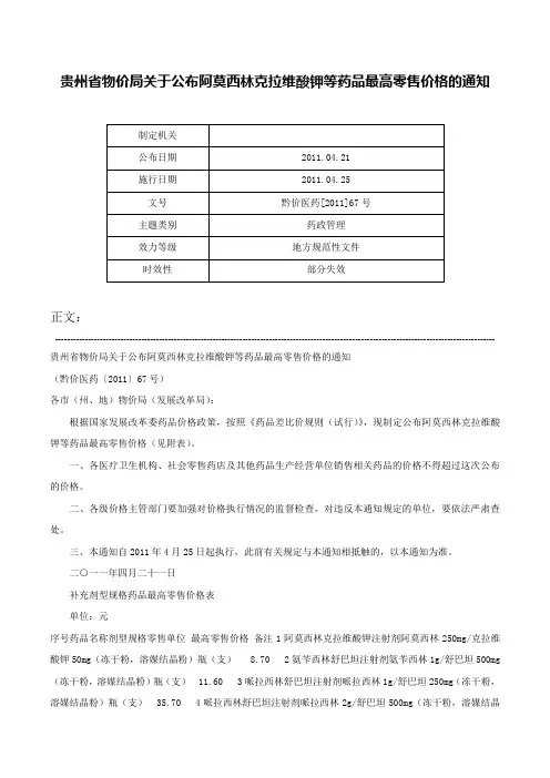 贵州省物价局关于公布阿莫西林克拉维酸钾等药品最高零售价格的通知-黔价医药[2011]67号