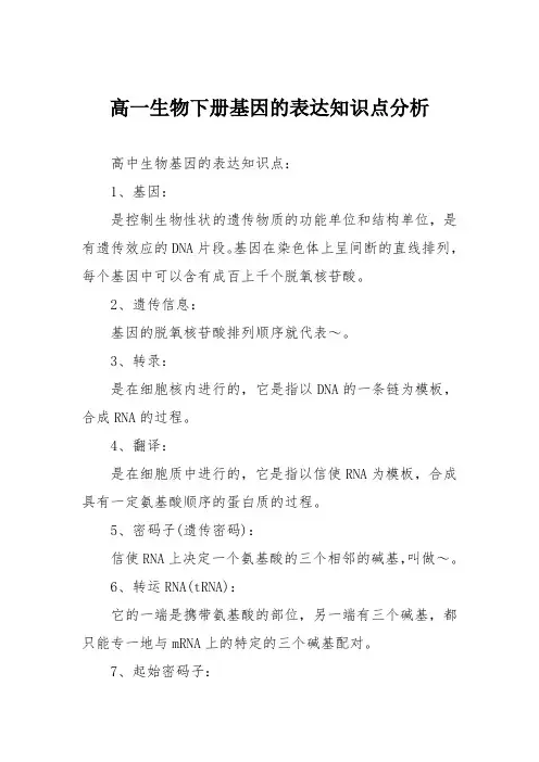 高一生物下册基因的表达知识点分析