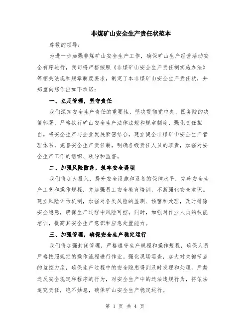 非煤矿山安全生产责任状范本（2篇）