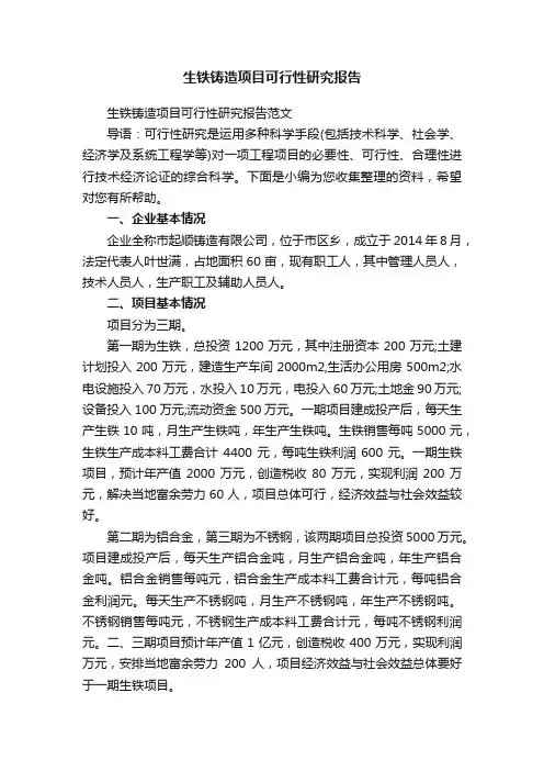生铁铸造项目可行性研究报告