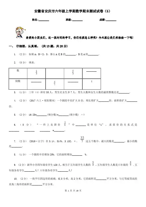 安徽省安庆市六年级上学期数学期末测试试卷(5)