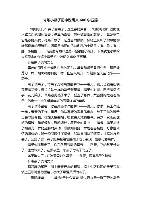 介绍小燕子初中说明文600字五篇