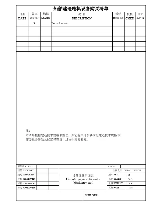 船舶建造轮机设备购买清单