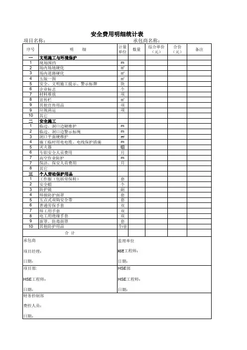 安全费用明细统计表