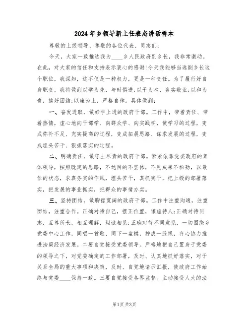2024年乡领导新上任表态讲话样本(二篇)
