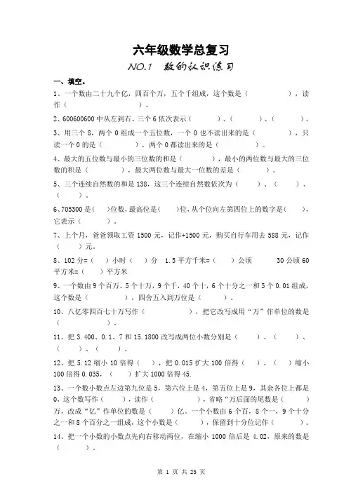 小学六年级数学总复习题库(分类)