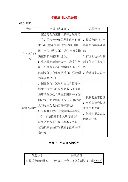 高考政治二轮复习专题三收入与分配考点一个人收入的分配试题