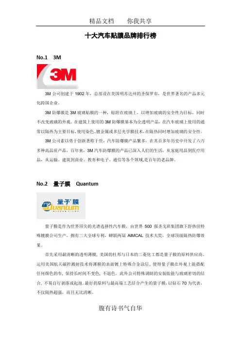 十大汽车贴膜品牌排行榜