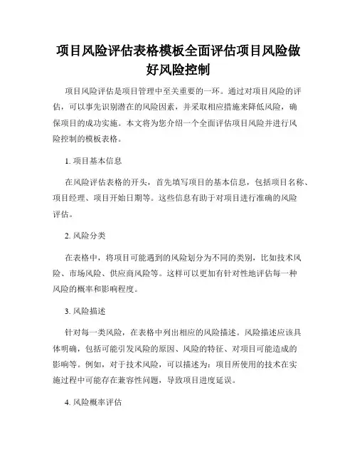 项目风险评估表格模板全面评估项目风险做好风险控制