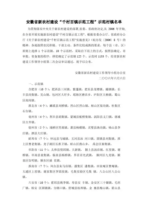 安徽省新农村建设千村百镇示范工程示范村镇名单.doc