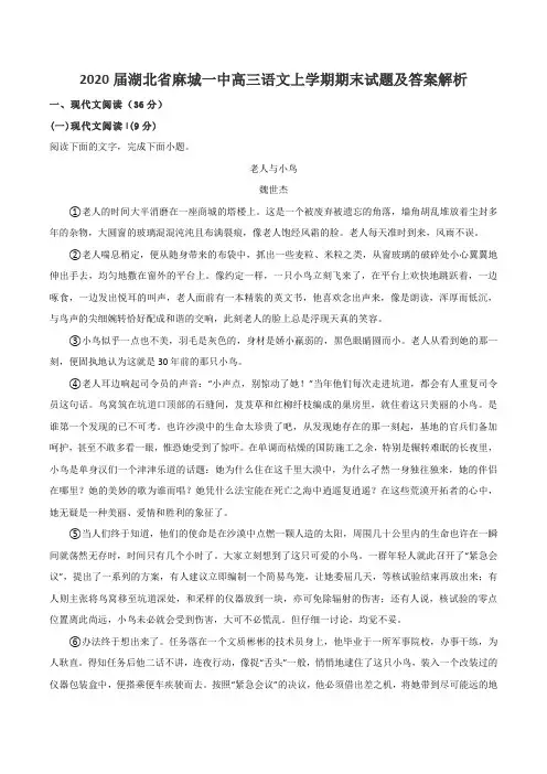 2020届湖北省麻城一中高三语文上学期期末试题及答案解析