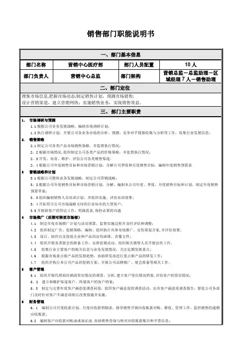 销售部部门职能说明书