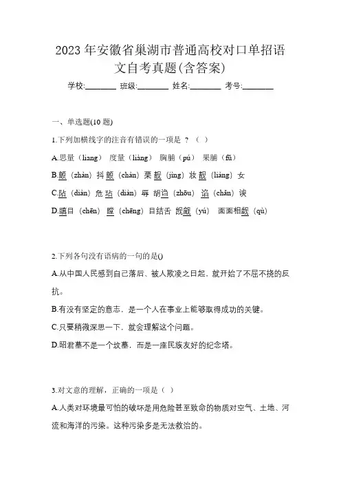 2023年安徽省巢湖市普通高校对口单招语文自考真题(含答案)