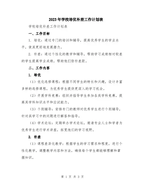 2023年学校培优补差工作计划表