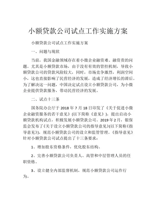 小额贷款公司试点工作实施方案