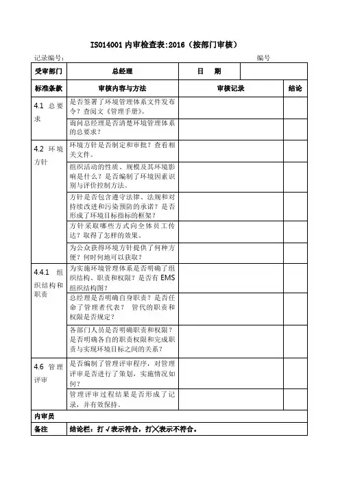 ISO14001：2016内审检查表(按部门审核)