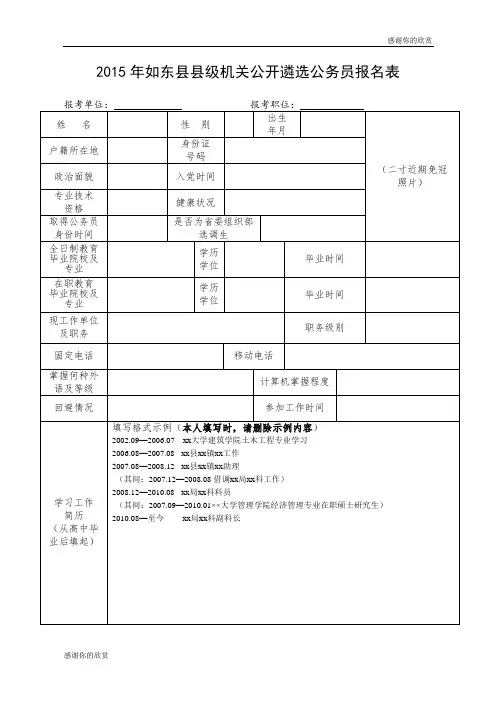 2015年如东县县级机关公开遴选公务员报名表.doc