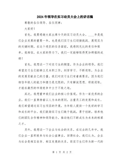 2024年领导在实习动员大会上的讲话稿