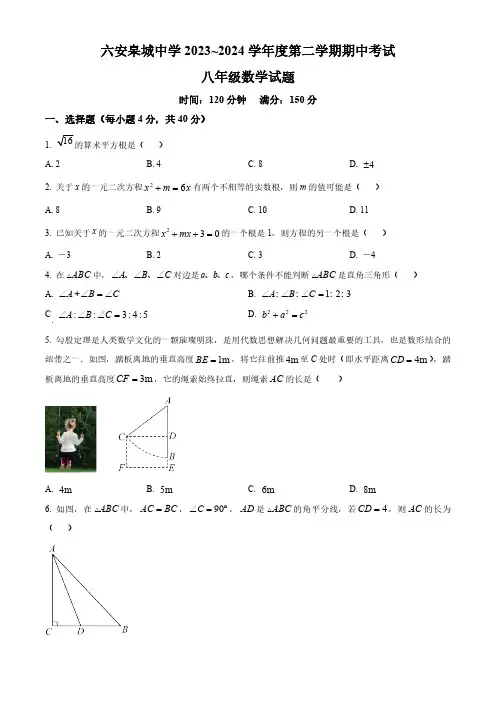 安徽省六安市金安区六安皋城中学2023-2024学年八年级下学期期中数学试题(原卷版)