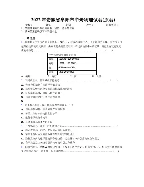 最新2022年安徽省阜阳市中考物理试卷(原卷)及解析