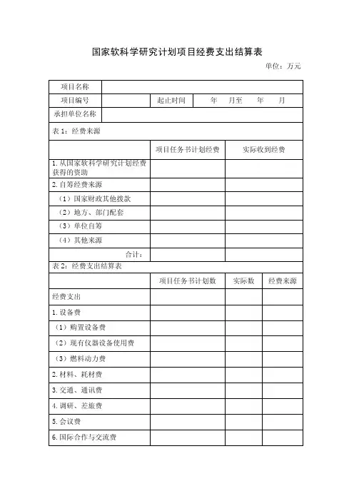 国家软科学研究计划项目经费支出结算表