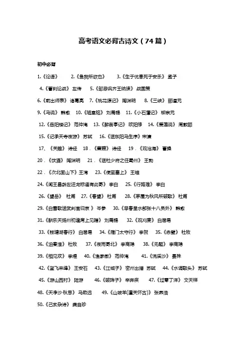 2018年高考语文必背古诗文