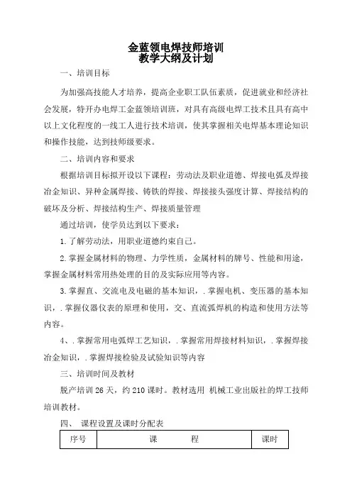 山东南翔技校“金蓝领”电焊技师培训教学大纲及计划