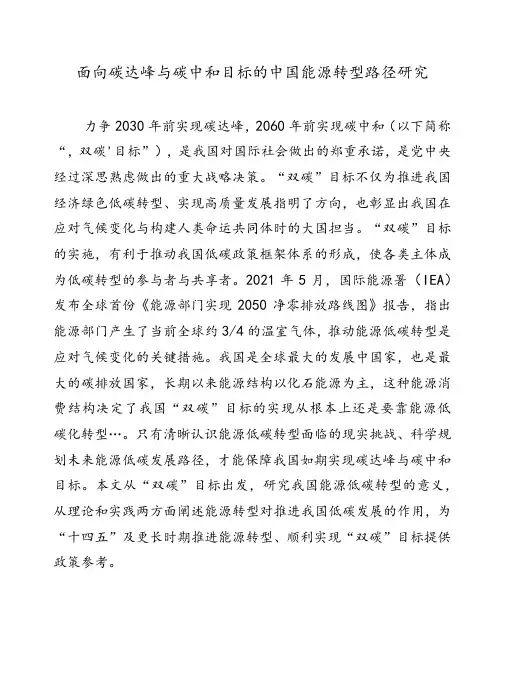 面向碳达峰与碳中和目标的中国能源转型路径研究