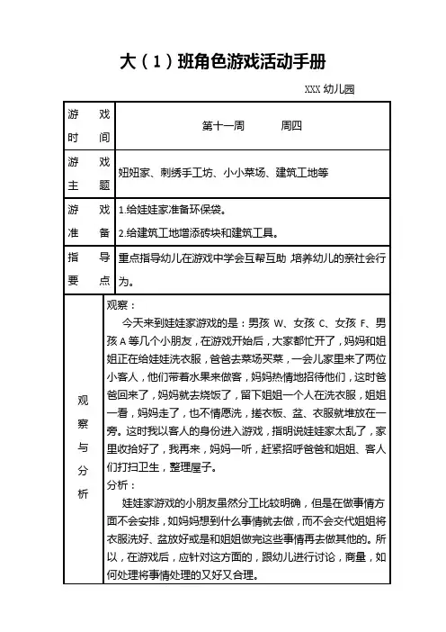 大班下学期第11周 角色游戏记录表
