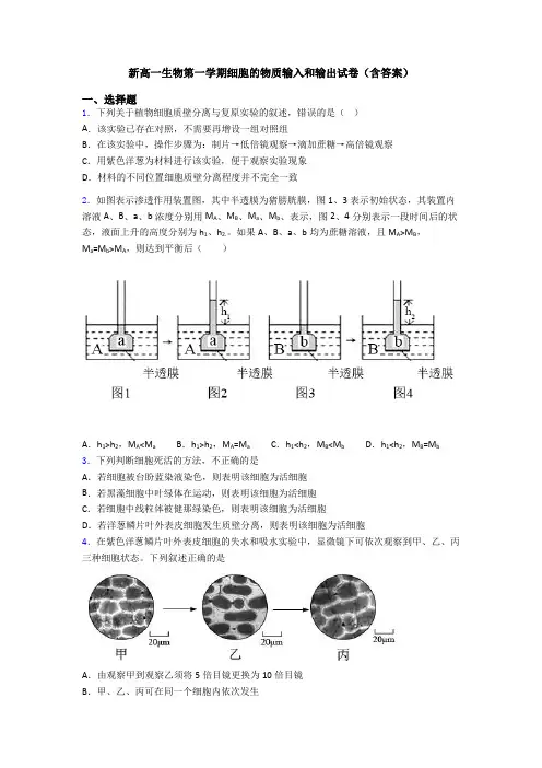 新高一生物第一学期细胞的物质输入和输出试卷(含答案)