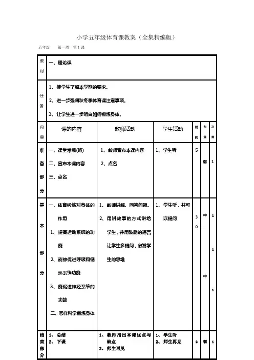 小学五年级体育教案(全集版)