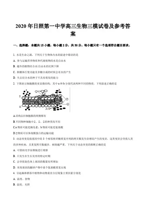 2020年日照第一中学高三生物三模试卷及参考答案