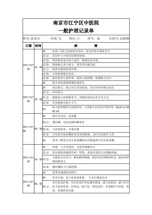一般护理记录单-直肠癌