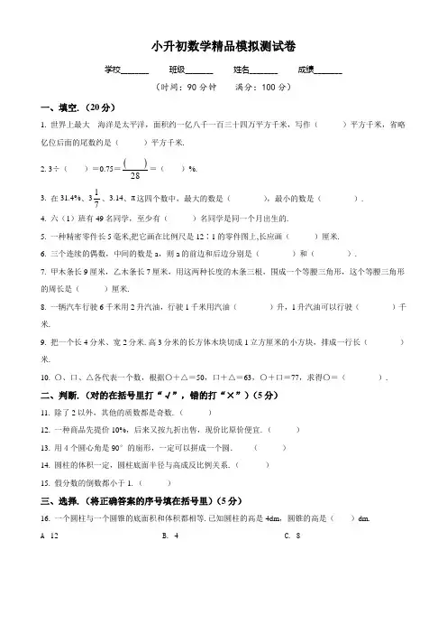 人教版小升初《数学考试试卷》含答案解析
