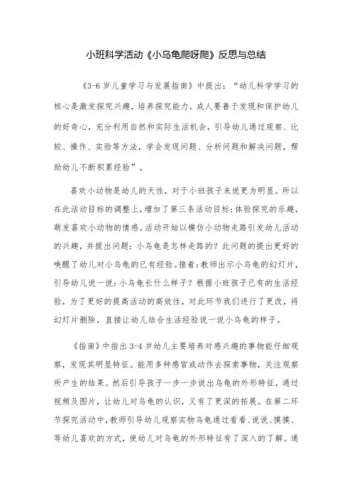 幼儿园小班科学活动《小乌龟爬呀爬》反思与总结