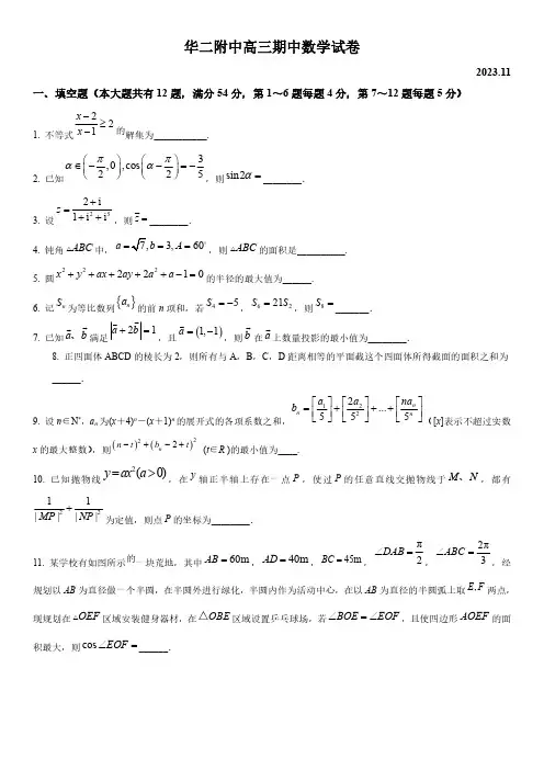 2023-2024学年上海市华东师范大学第二附属中学高三上学期期中考试数学试卷含详解