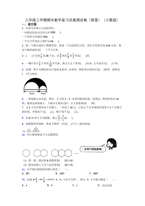 六年级上学期期末数学复习试卷测试卷(答案)(人教版)
