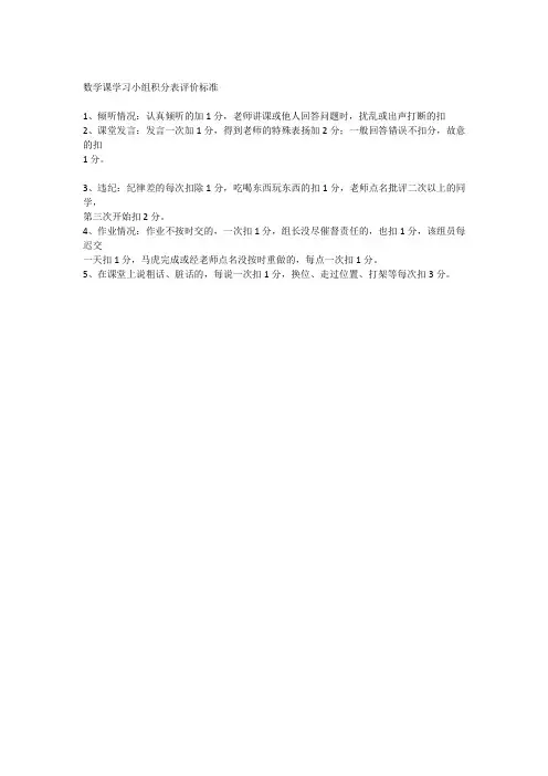 数学课学习小组积分表评价标准
