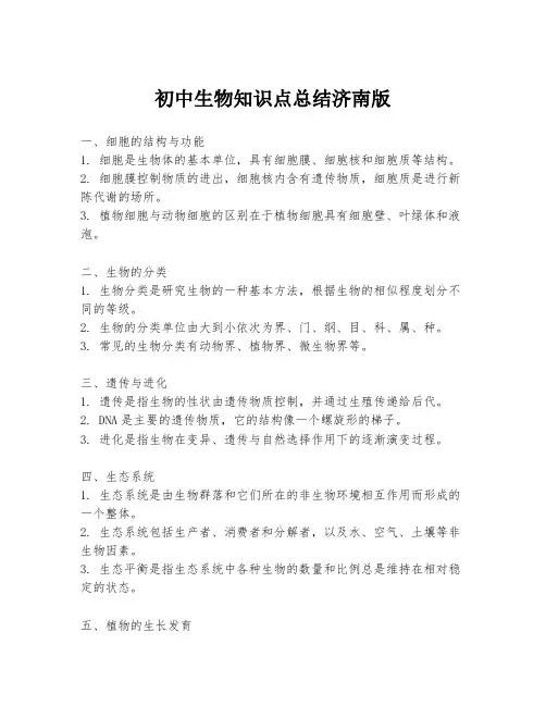 初中生物知识点总结济南版