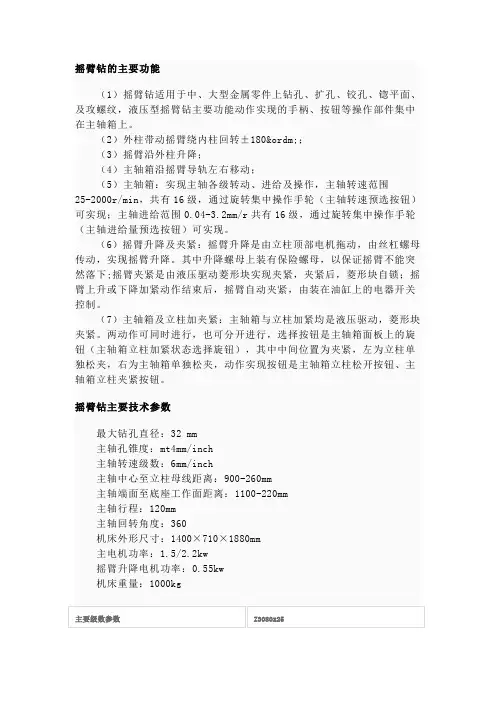 摇臂钻主要功能参数