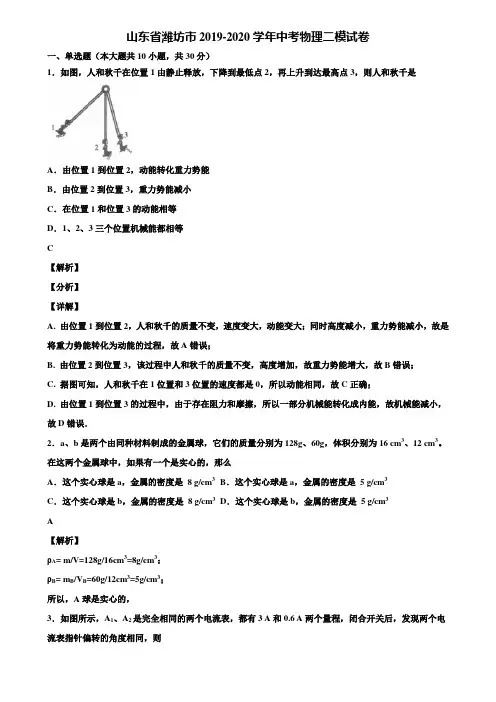 山东省潍坊市2019-2020学年中考物理二模试卷含解析