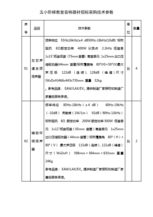 五小阶梯教室音响器材招标采购技术参数