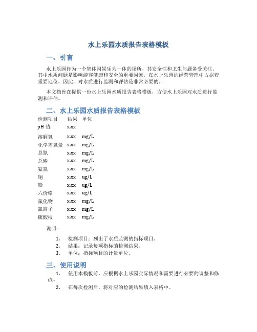 水上乐园水质报告表格模板